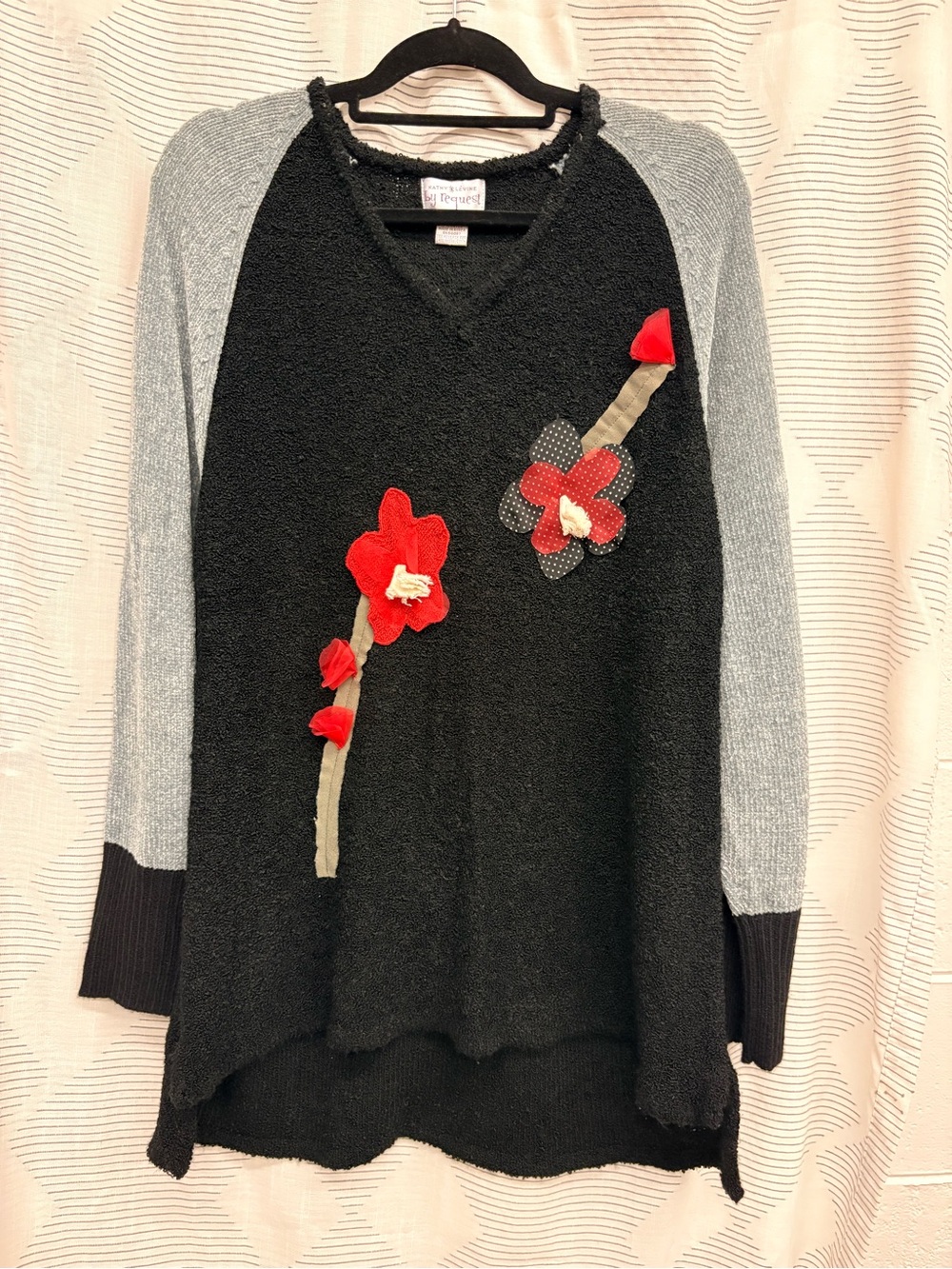 Y2K Black V-Neck Sweater with Red Floral Appliqué